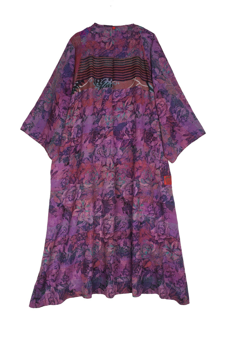 GEORGETTE VINTAGE SILK PATCH KANTHA KIMONO MAXI - gs2318-prp -