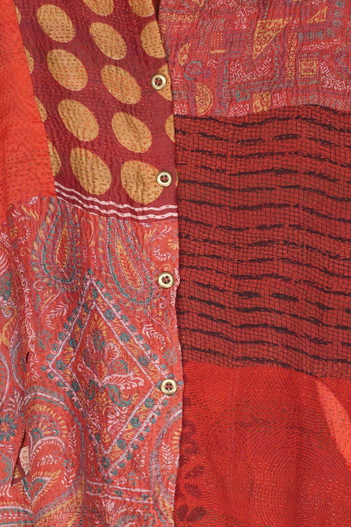 GEORGETTE VINTAGE SILK PATCH KANTHA CAP SLV. SHIRT - gs2530-red -