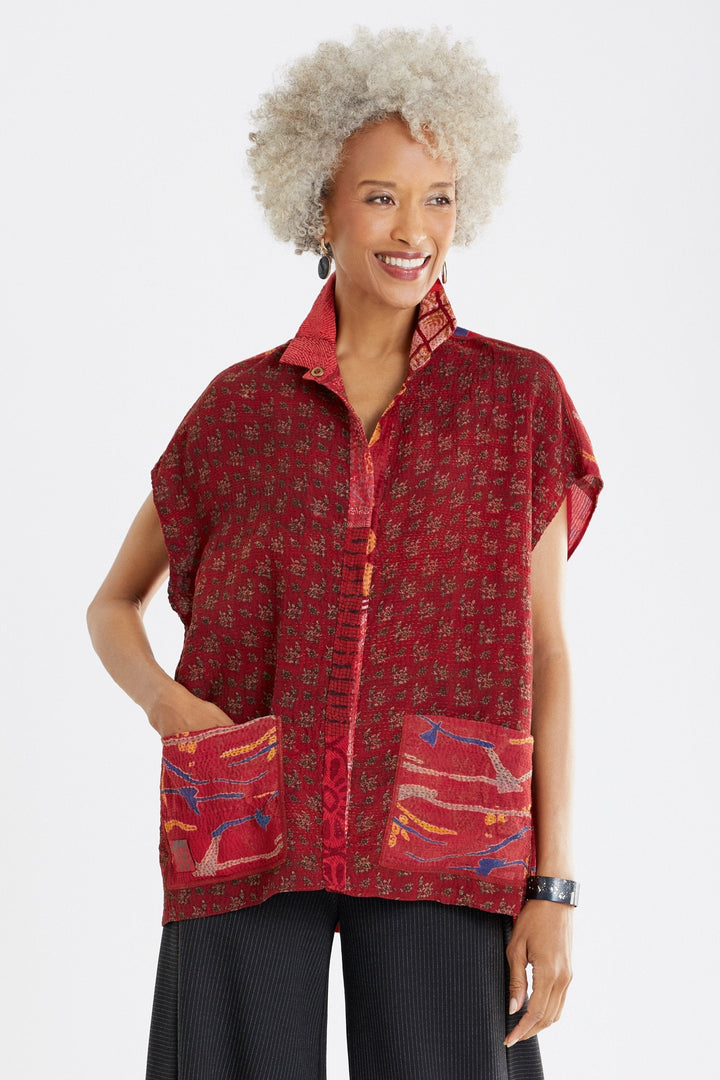 GEORGETTE VINTAGE SILK PATCH KANTHA CAP SLV. SHIRT - gs2530-red -