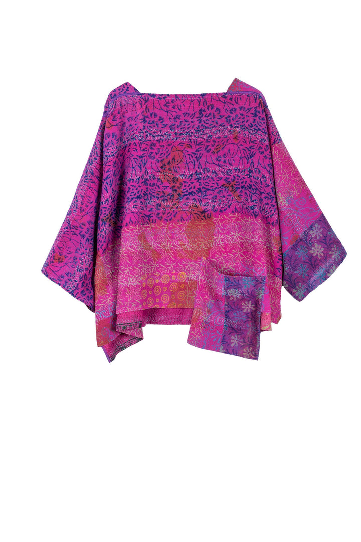 GEORGETTE VINTAGE SILK PATCH KANTHA 3/4 SLV. CROP TOP MIO - gs2538-pik -