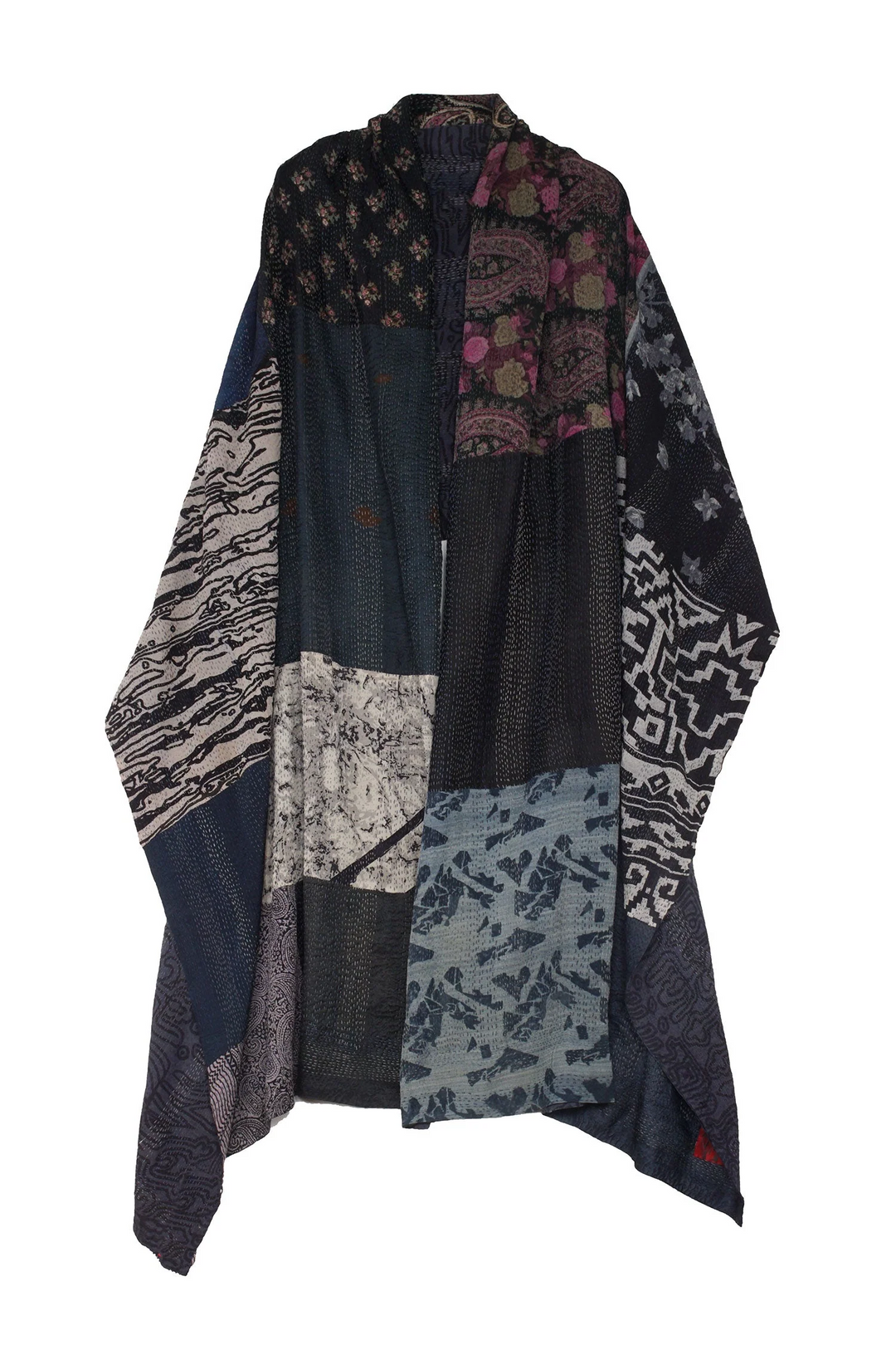 GEORGETTE VINTAGE SILK PATCH KANTHA SHAWL LARGE - gs2803-blk -