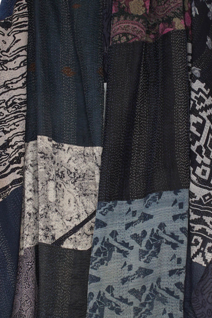 GEORGETTE VINTAGE SILK PATCH KANTHA SHAWL LARGE - gs2803-blk -