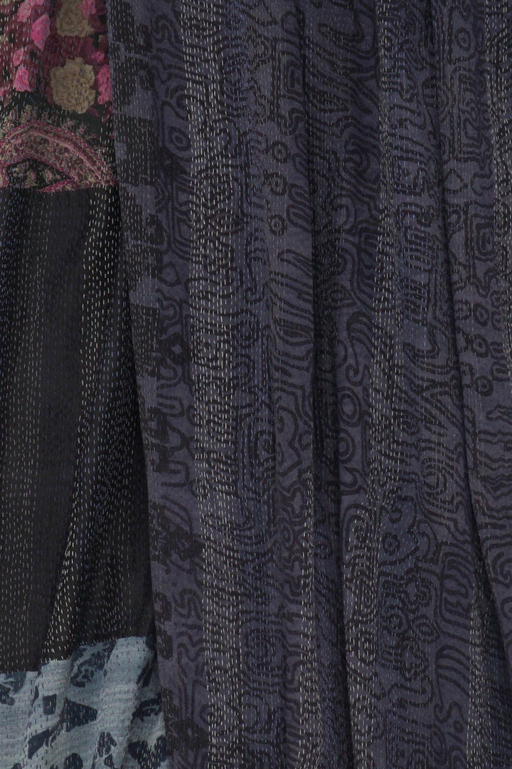 GEORGETTE VINTAGE SILK PATCH KANTHA SHAWL LARGE - gs2803-blk -
