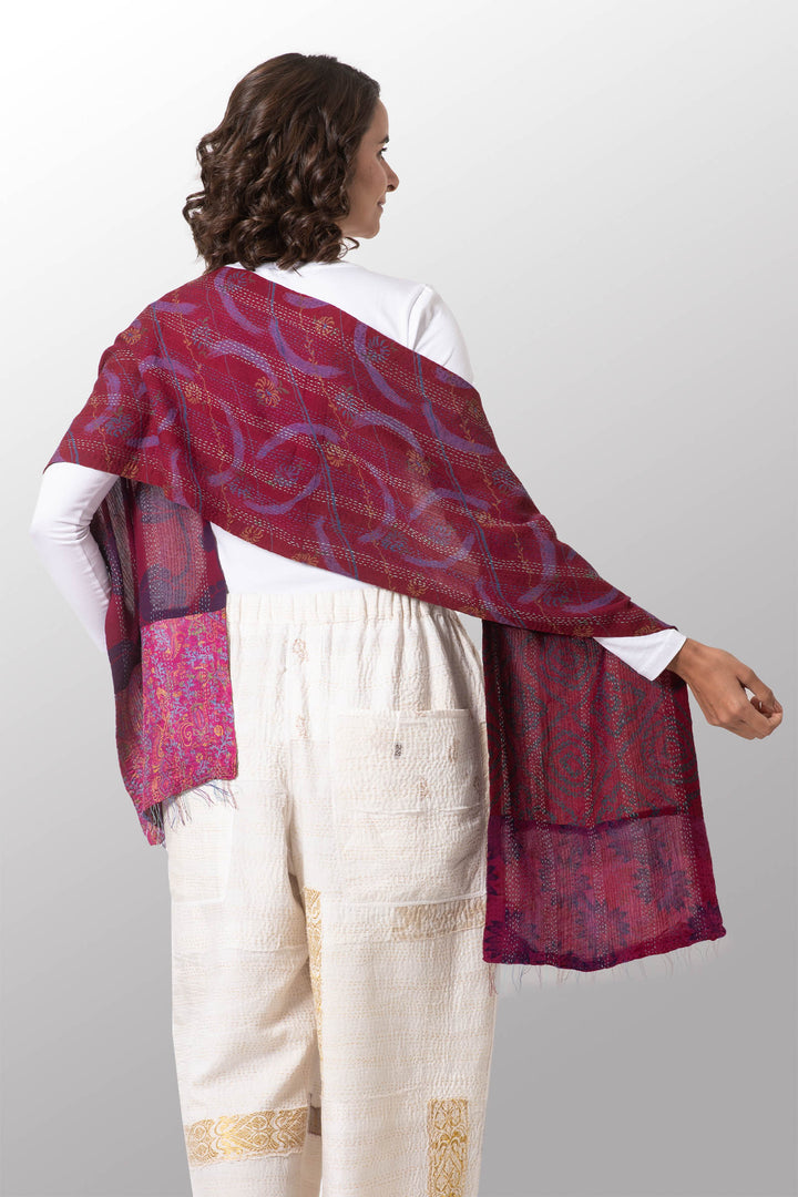 GEORGETTE VINTAGE SILK PATCH KANTHA SCARF SHORT - gs2805-pik -