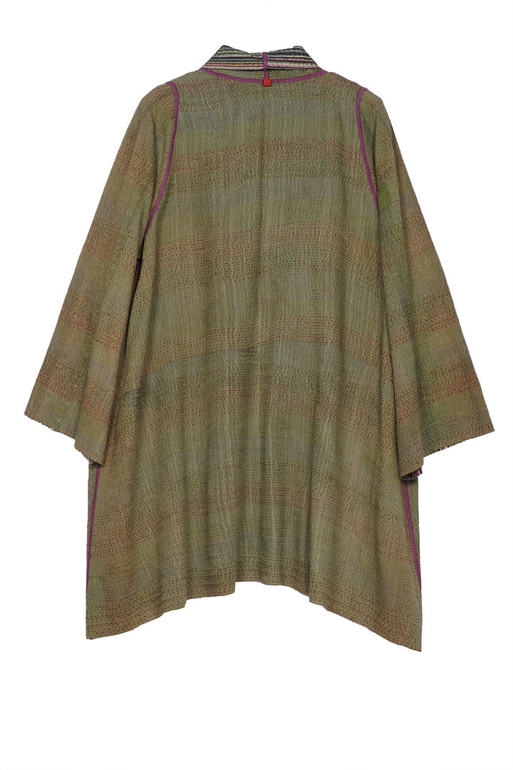 GREEN STRIPE W VINTAGE BACKING KANTHA A-LINE JKT - gt2003-grn -