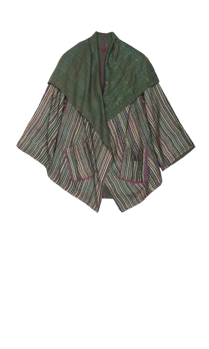 GREEN STRIPE W VINTAGE BACKING KANTHA CIRCULAR JKT - gt2008-grn -