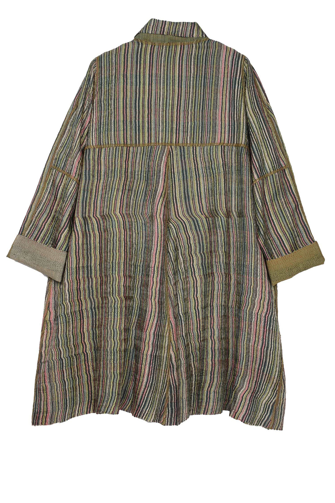 GREEN STRIPE W VINTAGE BACKING KANTHA A-LINE DUSTER - gt2311-grn -