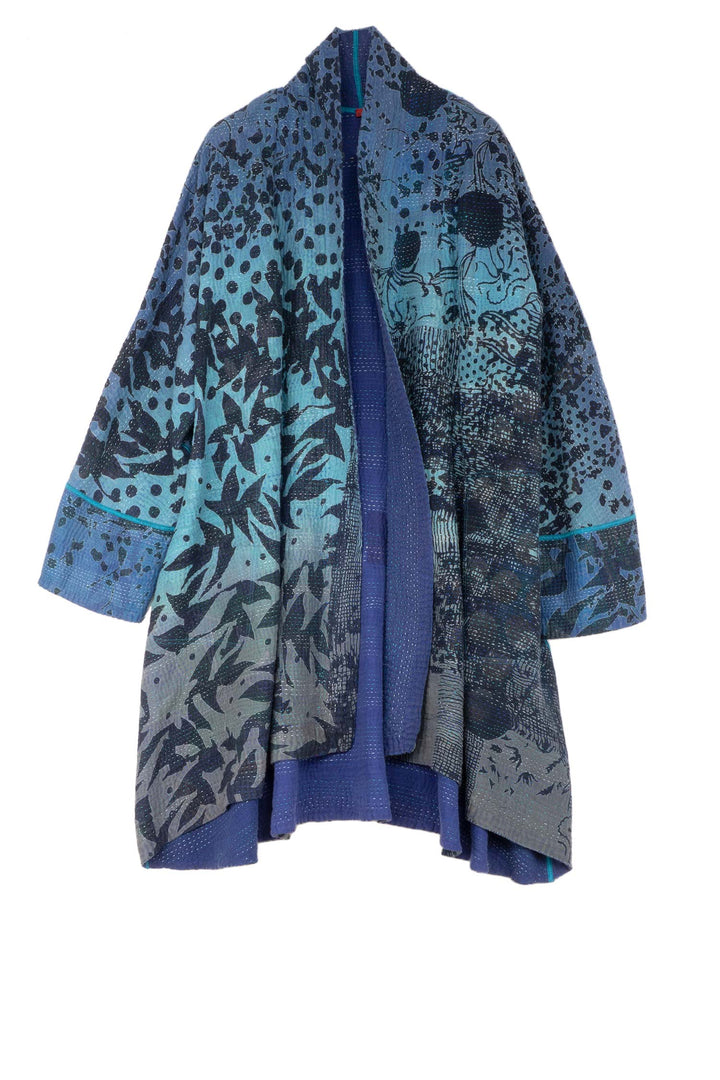 MONOTONE TWILIGHT PRINT KANTHA KIMONO LONG JKT - tp4005-blu -
