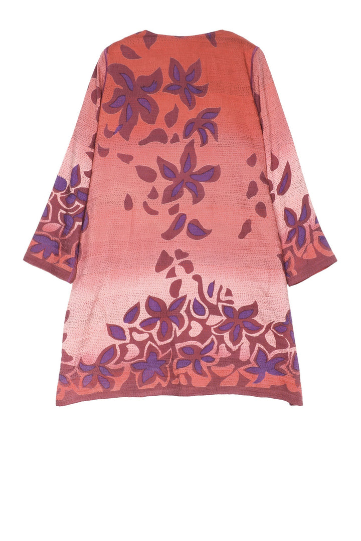 HOLIDAY FLOWER SILK COTTON KANTHA CREW NECK POCKET LONG JKT - ho2027-red -