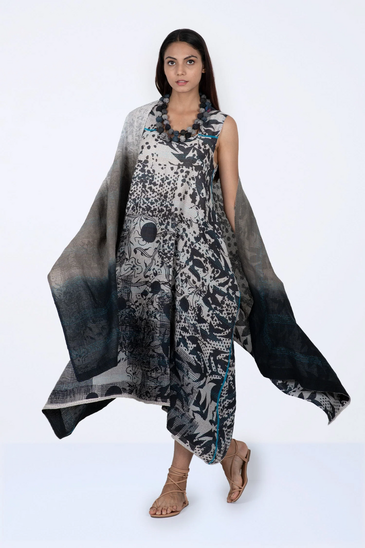 MONOTONE TWILIGHT PRINT KANTHA TENT DRESS - tp2413-wht -