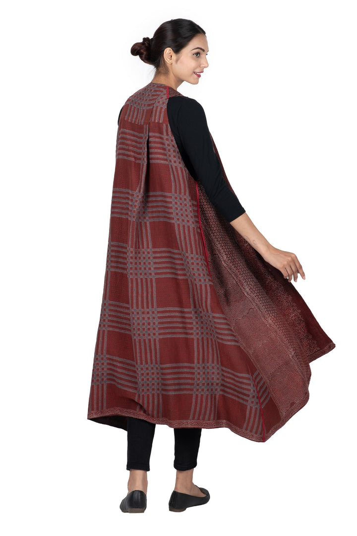 INDONESIAN PRINT & BORDER SHIBORI KANTHA BACK PLEATED VEST MAXI - ib2222-red -