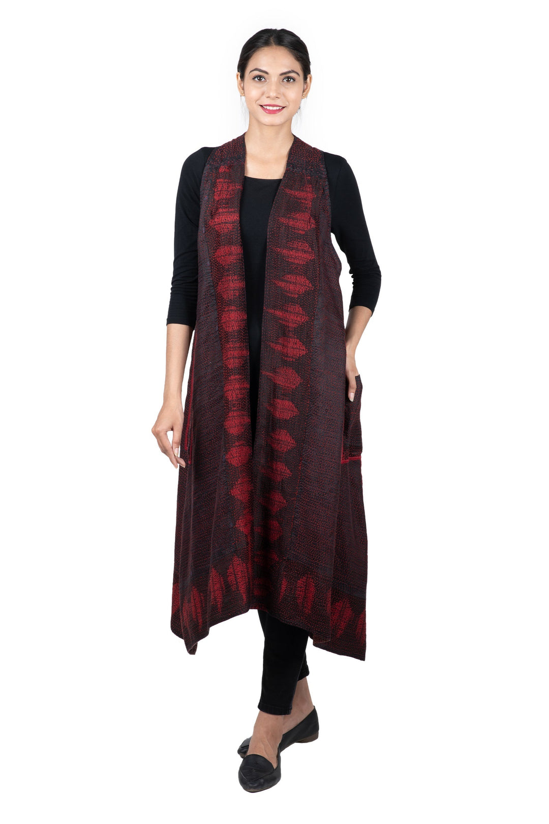 INDONESIAN PRINT & BORDER SHIBORI KANTHA BACK PLEATED VEST MAXI - ib2222-red -