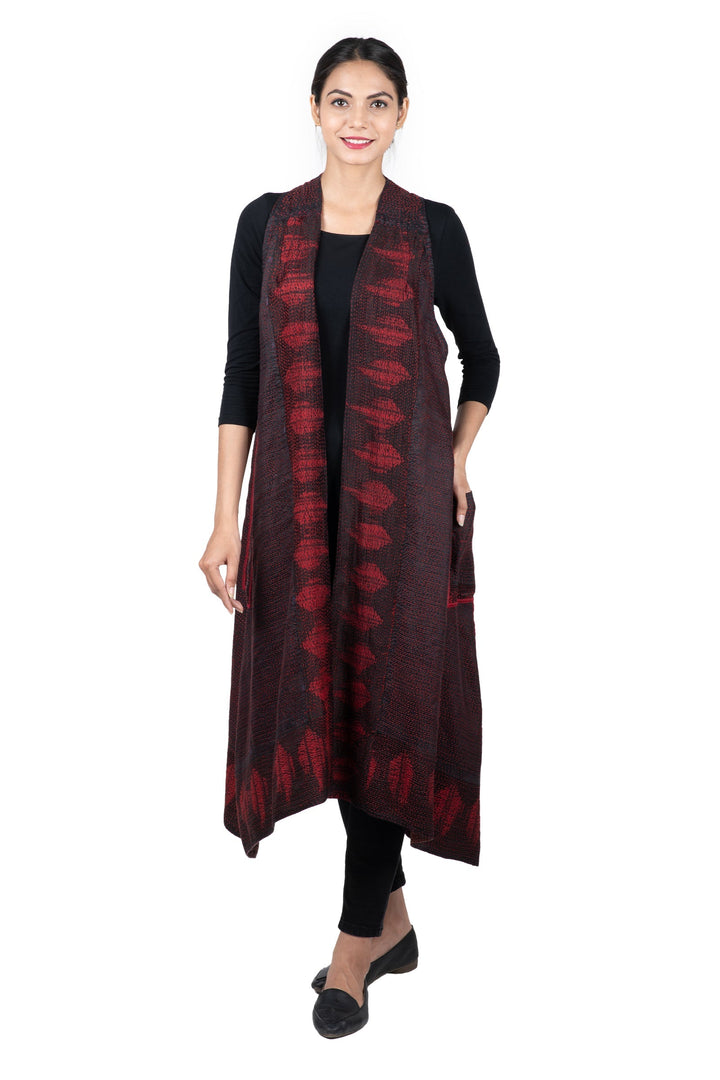 INDONESIAN PRINT & BORDER SHIBORI KANTHA BACK PLEATED VEST MAXI - ib2222-red -