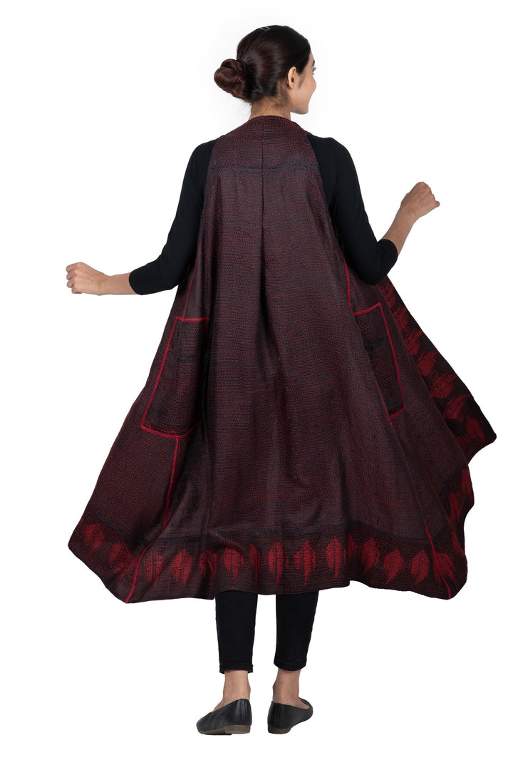 INDONESIAN PRINT & BORDER SHIBORI KANTHA BACK PLEATED VEST MAXI - ib2222-red -