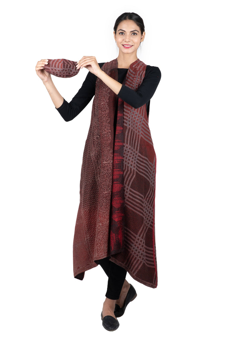 INDONESIAN PRINT & BORDER SHIBORI KANTHA BACK PLEATED VEST MAXI - ib2222-red -