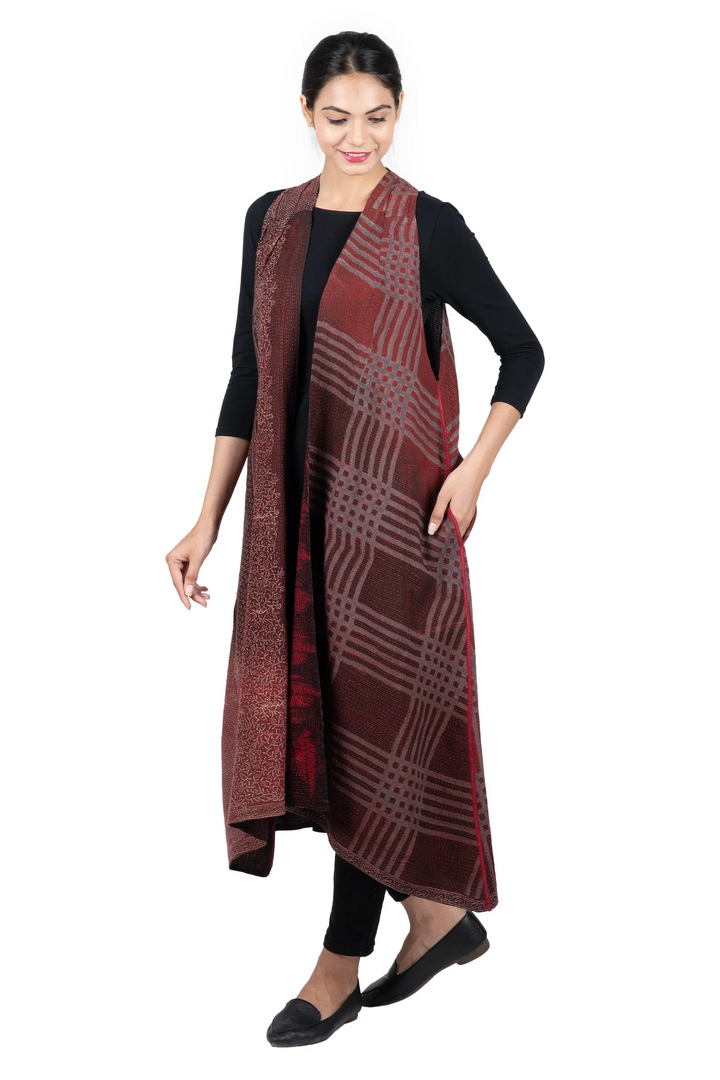 INDONESIAN PRINT & BORDER SHIBORI KANTHA BACK PLEATED VEST MAXI - ib2222-red -