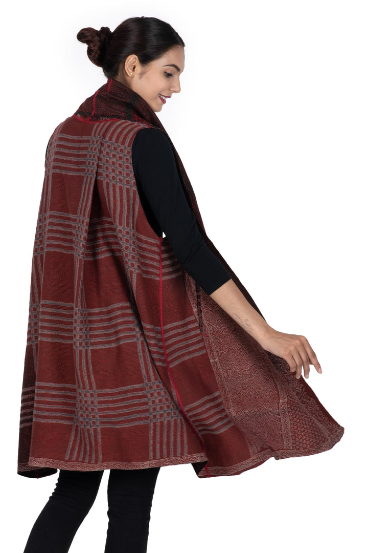 INDONESIAN PRINT & BORDER SHIBORI KANTHA SHAWL COLLAR VEST - ib2235-red -