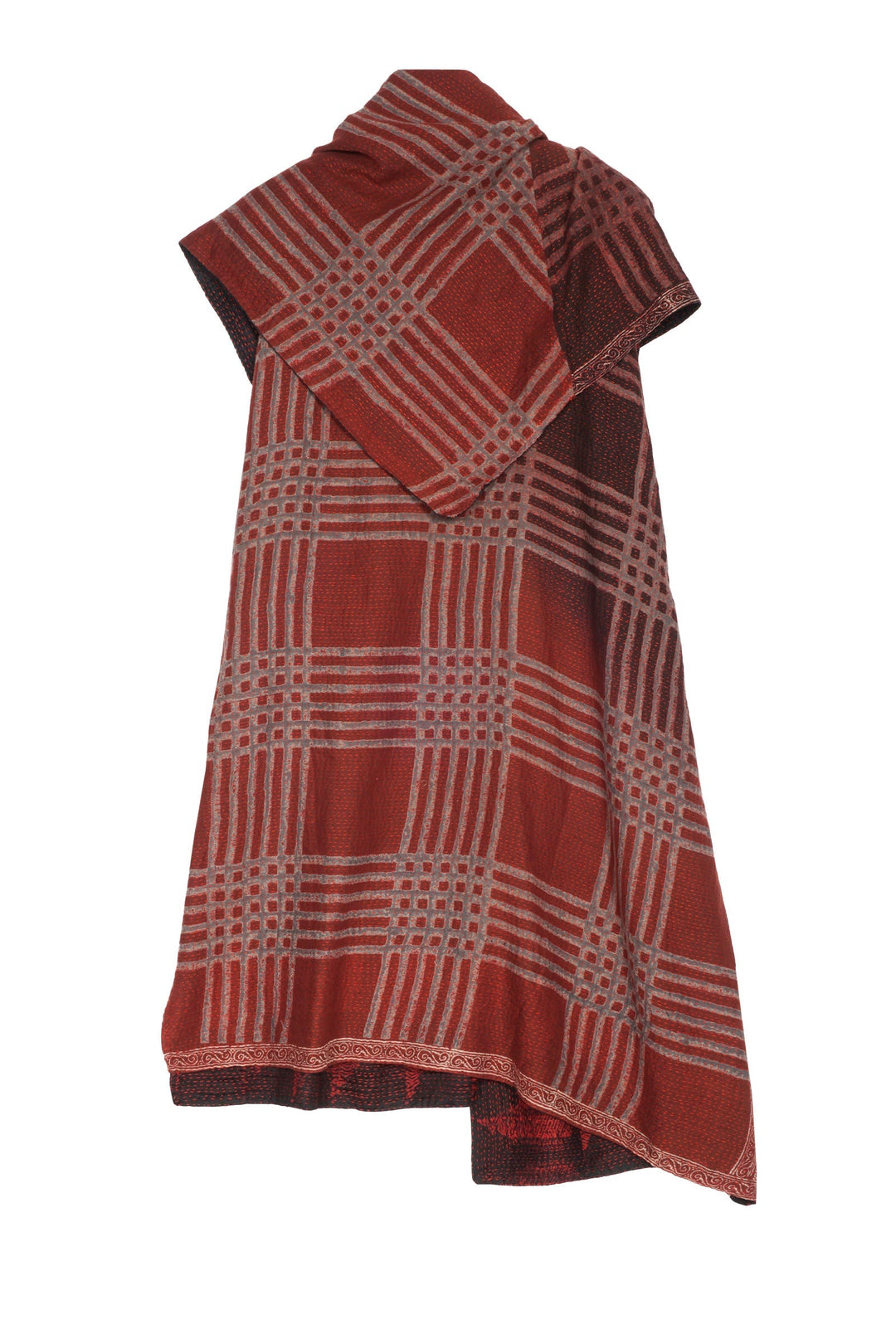 INDONESIAN PRINT & BORDER SHIBORI KANTHA COWL NECK DRESS - ib2416-red -