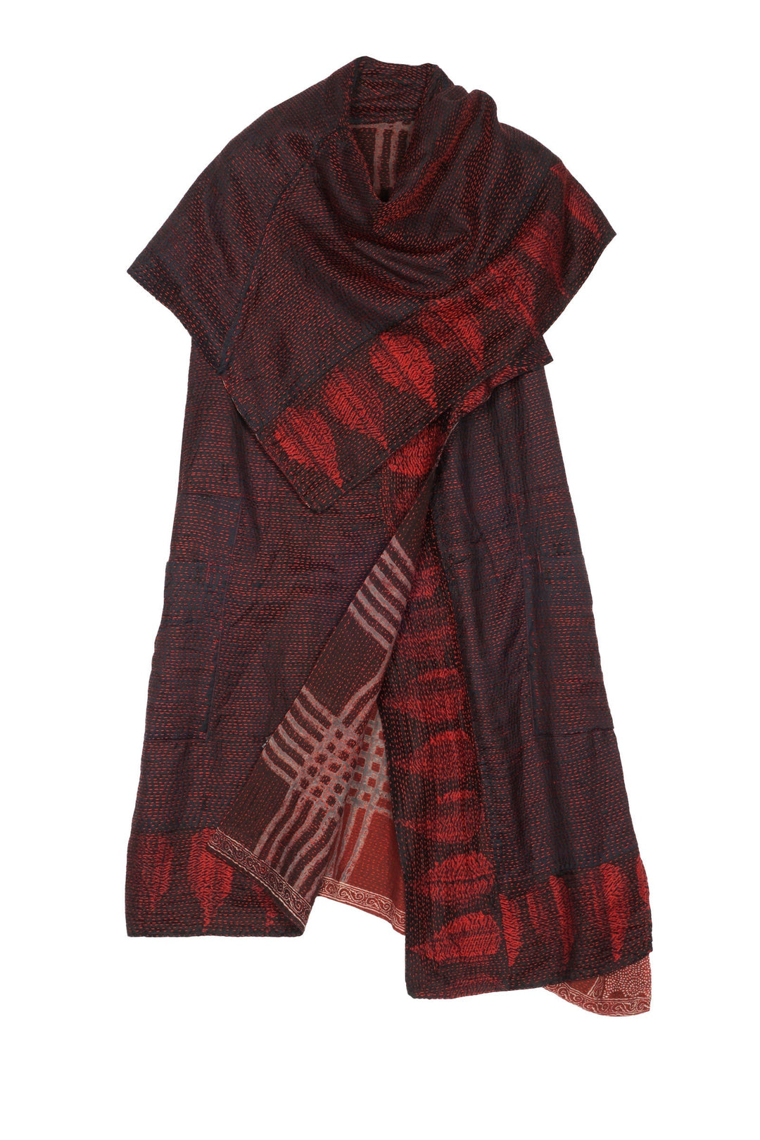 INDONESIAN PRINT & BORDER SHIBORI KANTHA COWL NECK DRESS - ib2416-red -