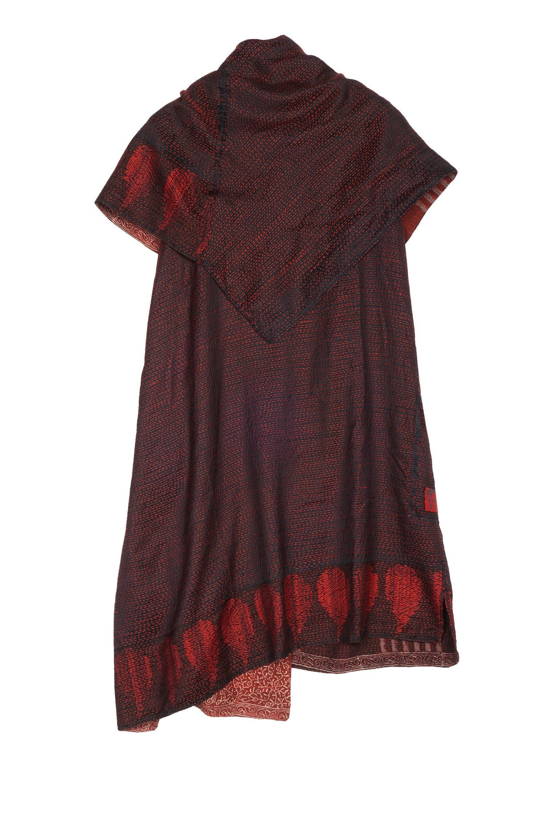 INDONESIAN PRINT & BORDER SHIBORI KANTHA COWL NECK DRESS - ib2416-red -