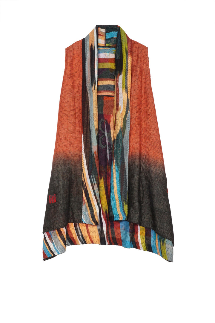 IKAT STRIPE KANTHA KIMONO COLLAR VEST - is4240-red -