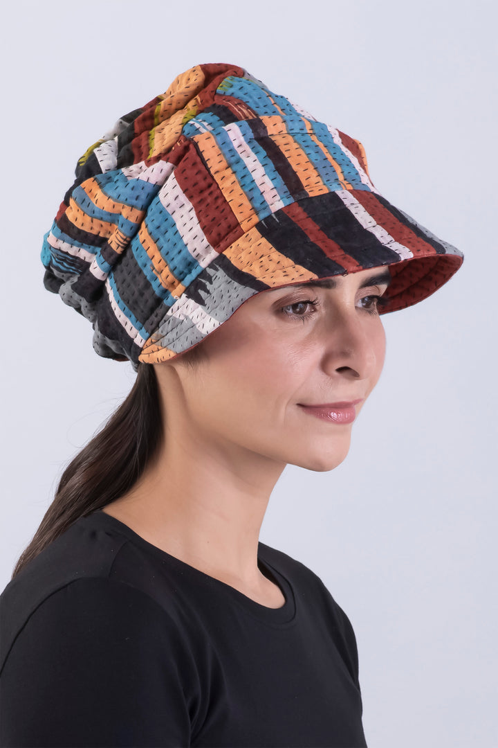 IKAT STRIPE KANTHA HALF BRIM HAT - is4881-red -