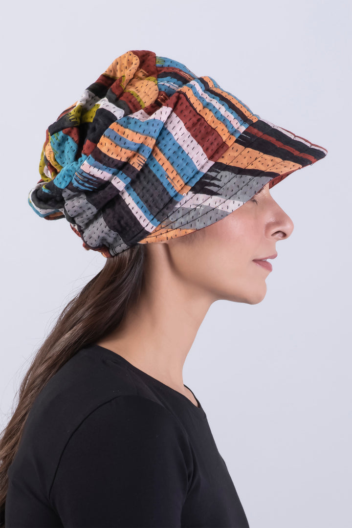 IKAT STRIPE KANTHA HALF BRIM HAT - is4881-red -