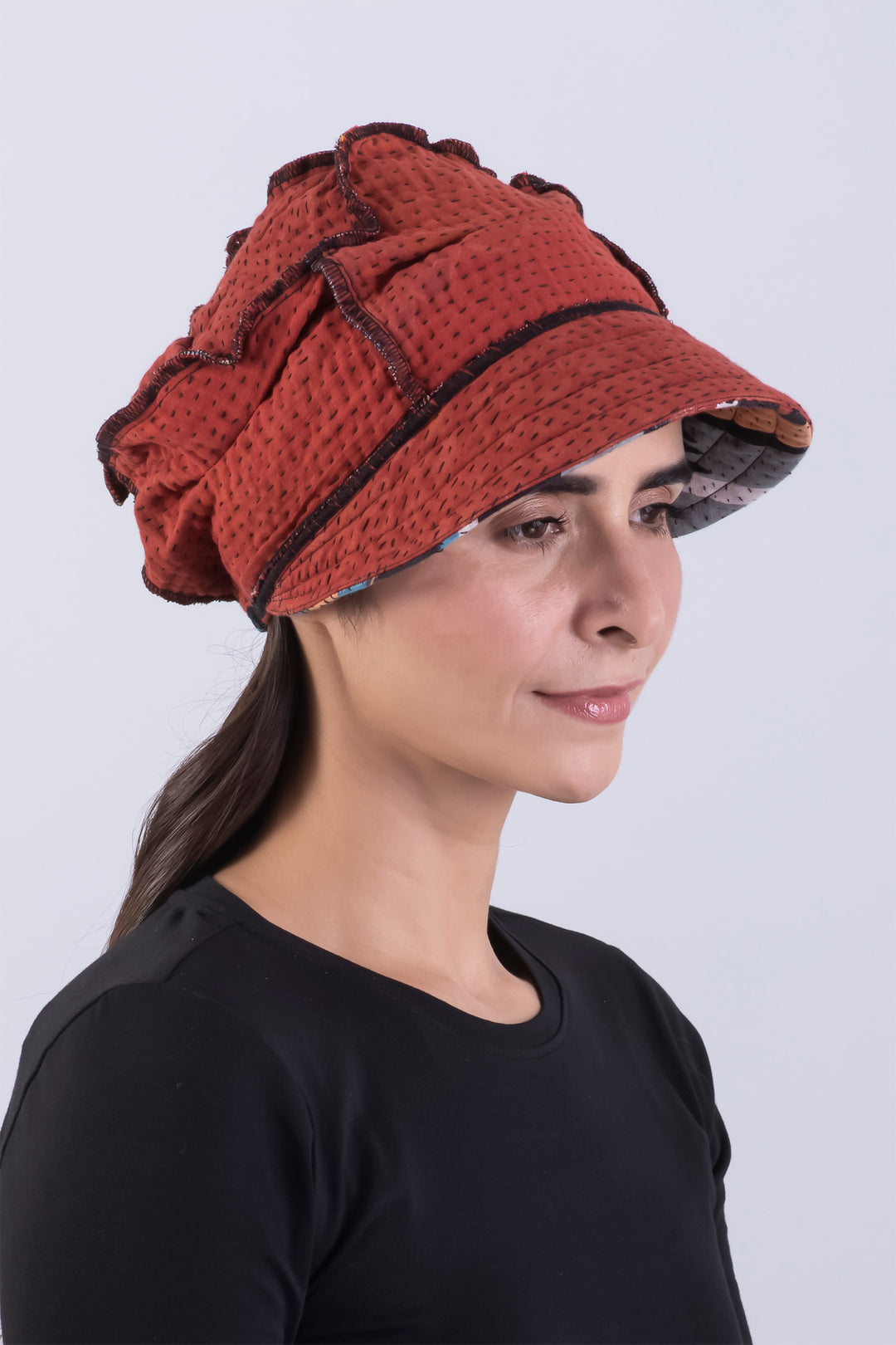 IKAT STRIPE KANTHA HALF BRIM HAT - is4881-red -