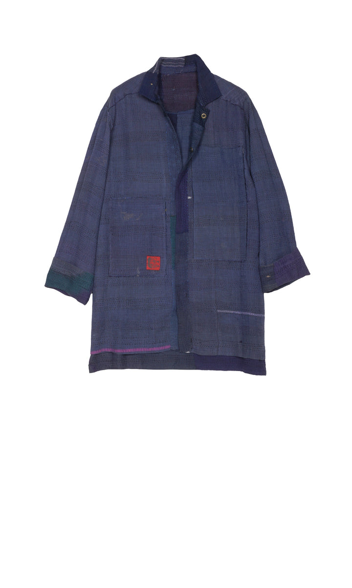 INDIGO WHITE FRAYED PATCH KANTHA SHIRT JACKET - iw2023-nvy -