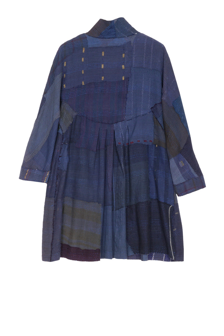 INDIGO WHITE FRAYED PATCH KANTHA BACK TUCKED TUNIC - iw2513-nvy -