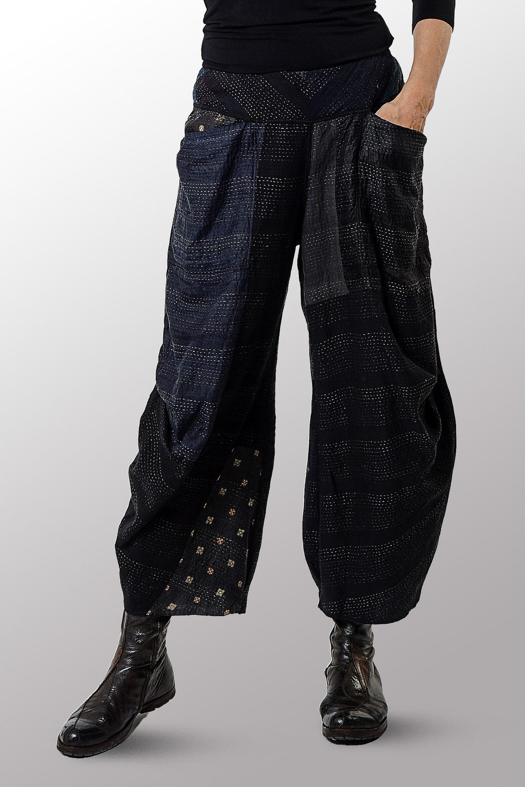 JAIPUR PATCH KANTHA KNEE TUCKED PANTS - jp2625-blk -