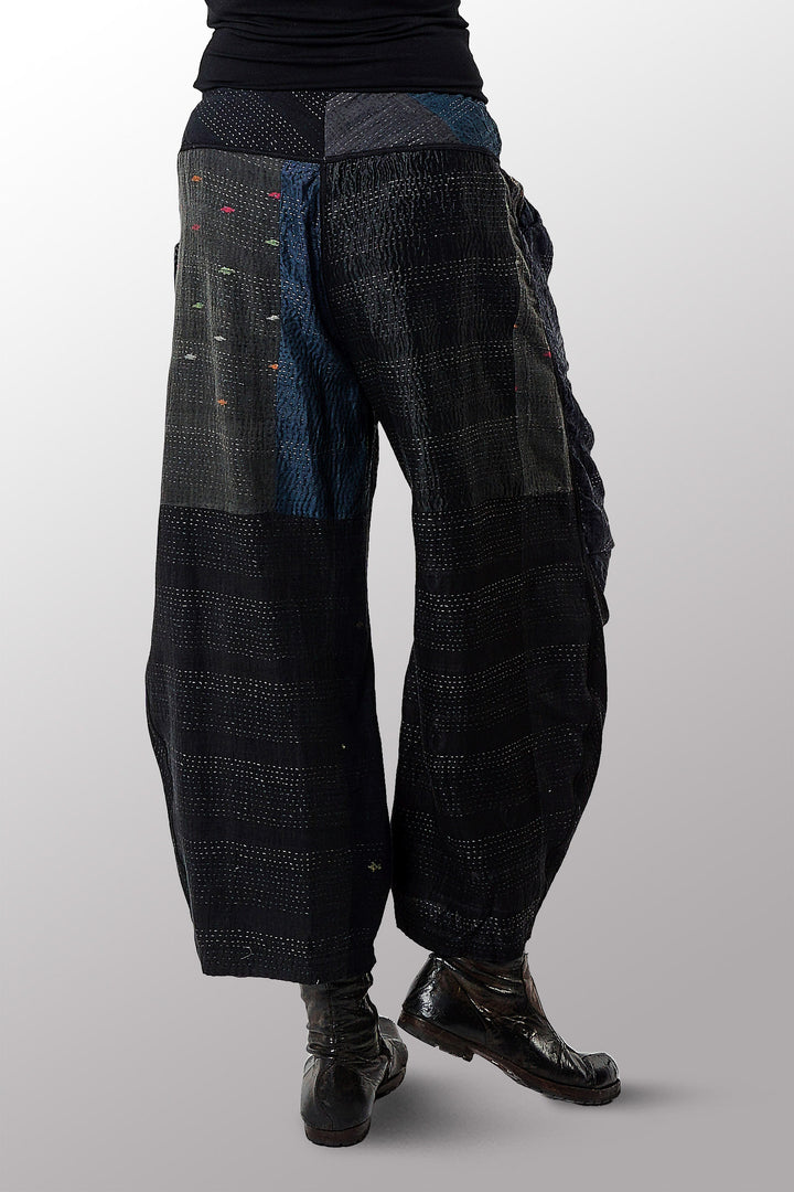 JAIPUR PATCH KANTHA KNEE TUCKED PANTS - jp2625-blk -