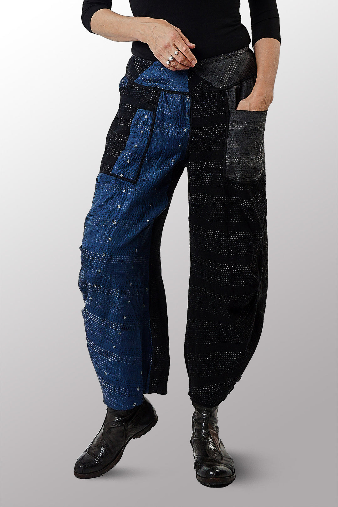 JAIPUR PATCH KANTHA KNEE TUCKED PANTS - jp2625-blk -