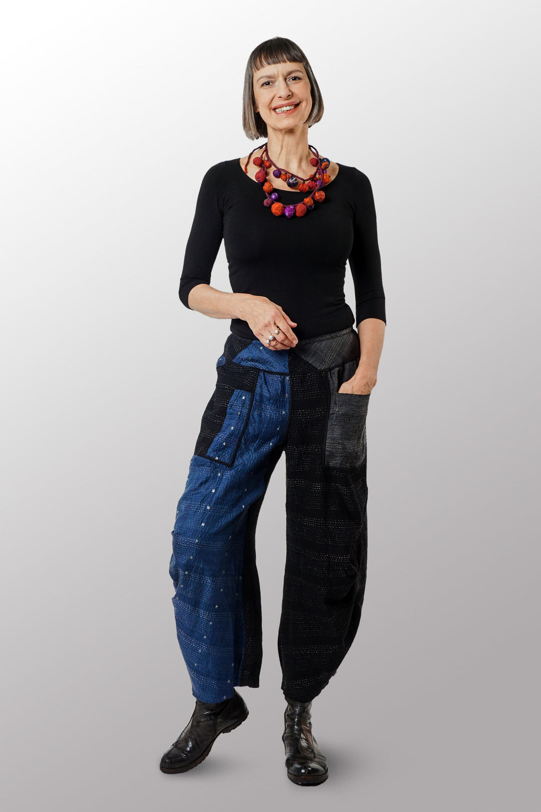 JAIPUR PATCH KANTHA KNEE TUCKED PANTS - jp2625-blk -