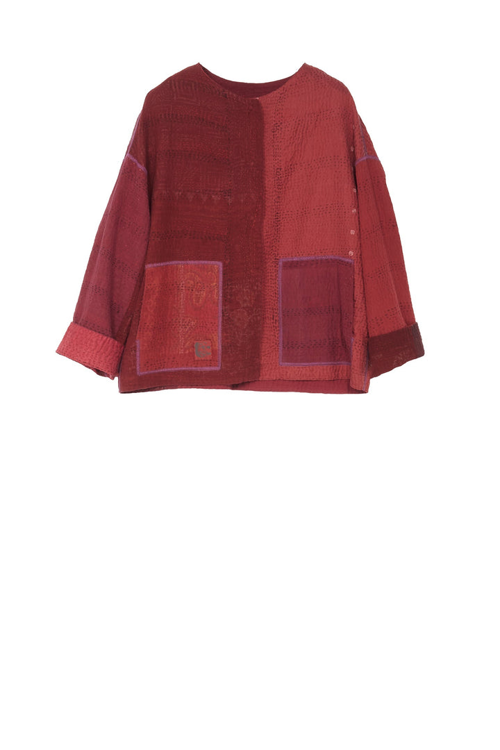 JAIPUR PATCH KANTHA CREW NECK SHORT JKT - jp4053-red -