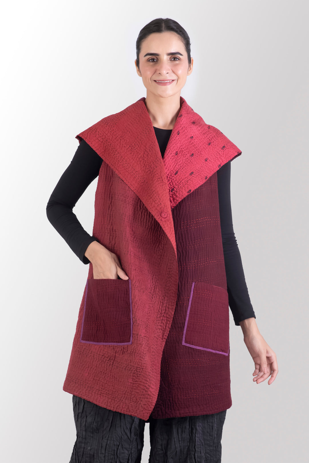 JAIPUR PATCH KANTHA CIRCULAR VEST - jp4201-red -