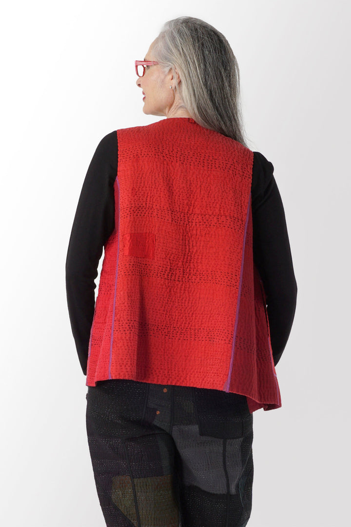 JAIPUR PATCH KANTHA NEW CREW NECK MEDIUM VEST - jp4243-red -