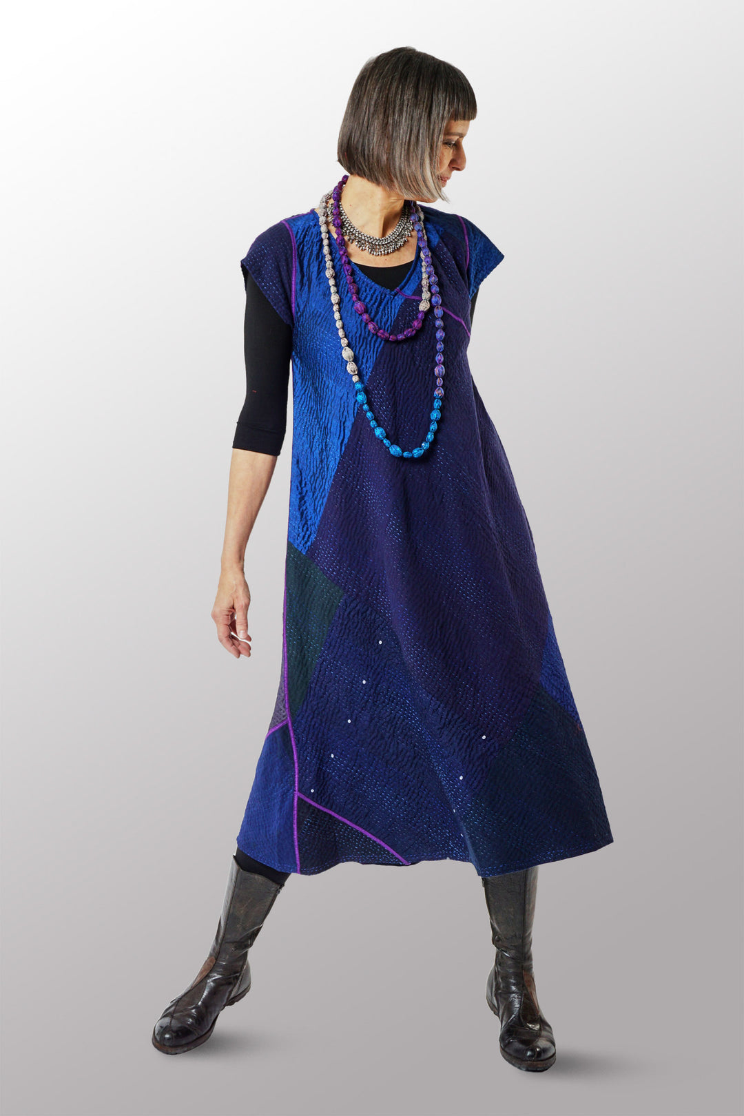 JAIPUR PATCH KANTHA CAP SLV. SEMI FLARE DRESS - jp4452-nvy -