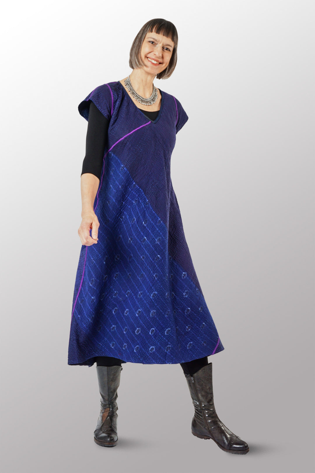 JAIPUR PATCH KANTHA CAP SLV. SEMI FLARE DRESS - jp4452-nvy -