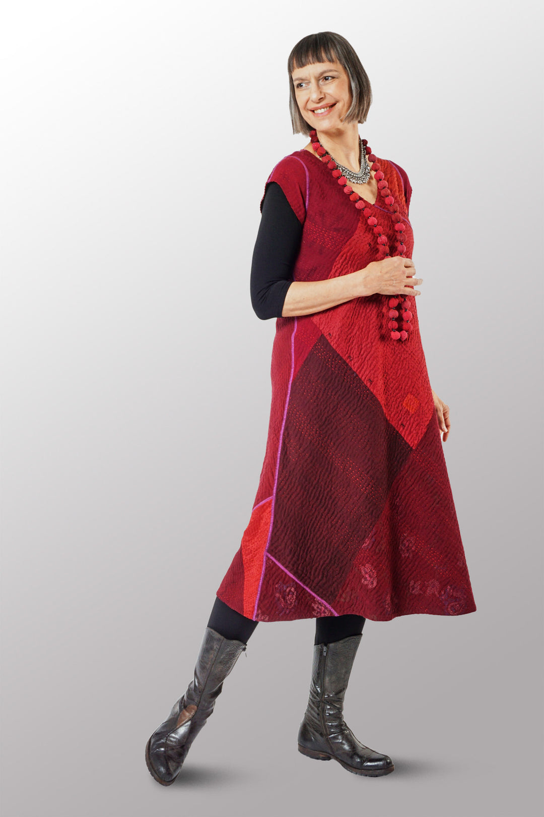 JAIPUR PATCH KANTHA CAP SLV. SEMI FLARE DRESS - jp4452-red - JAIPUR PATCH KANTHA CAP SLV. SEMI FLARE DRESS - jp4452-red -