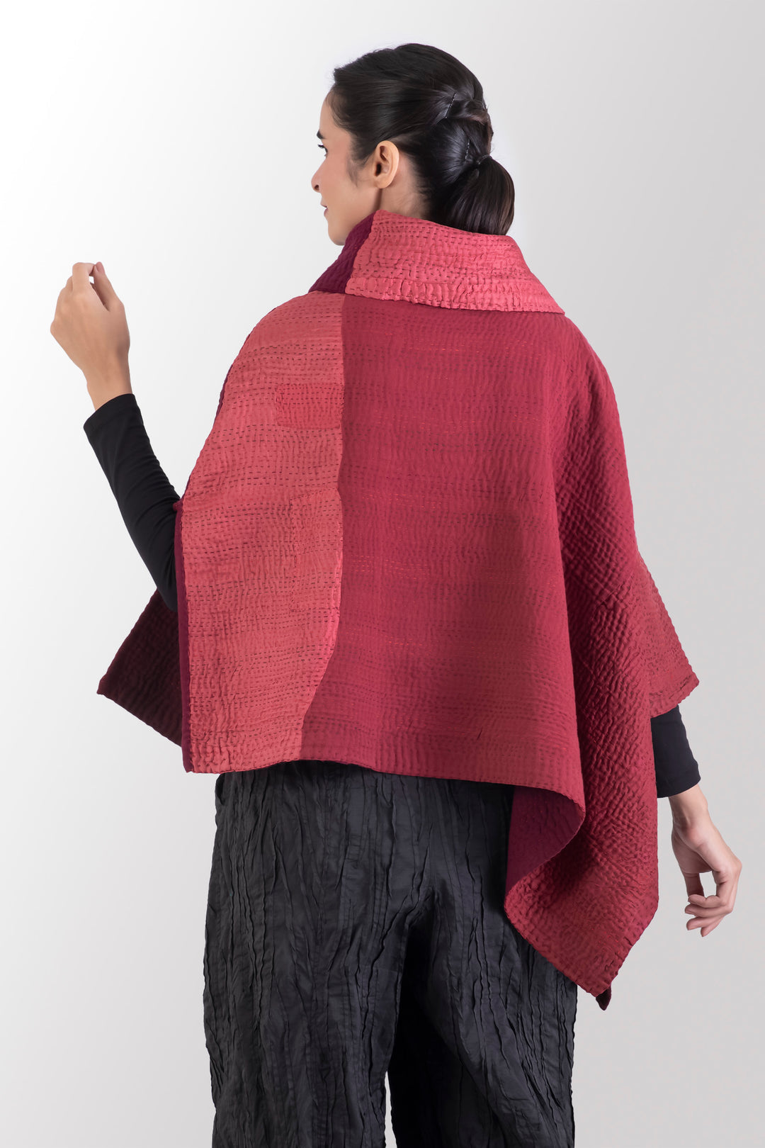 JAIPUR PATCH KANTHA COWL NECK LONG CAPE - jp4842-red -