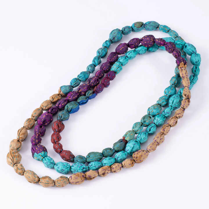 JACQUARD SILK KANTHA TIE-BEADS LONG NECKLACE - js2707-tel -