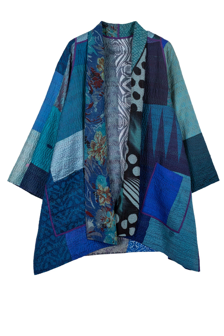 JACQUARD SILK KANTHA A-LINE JKT - js4003-blu -