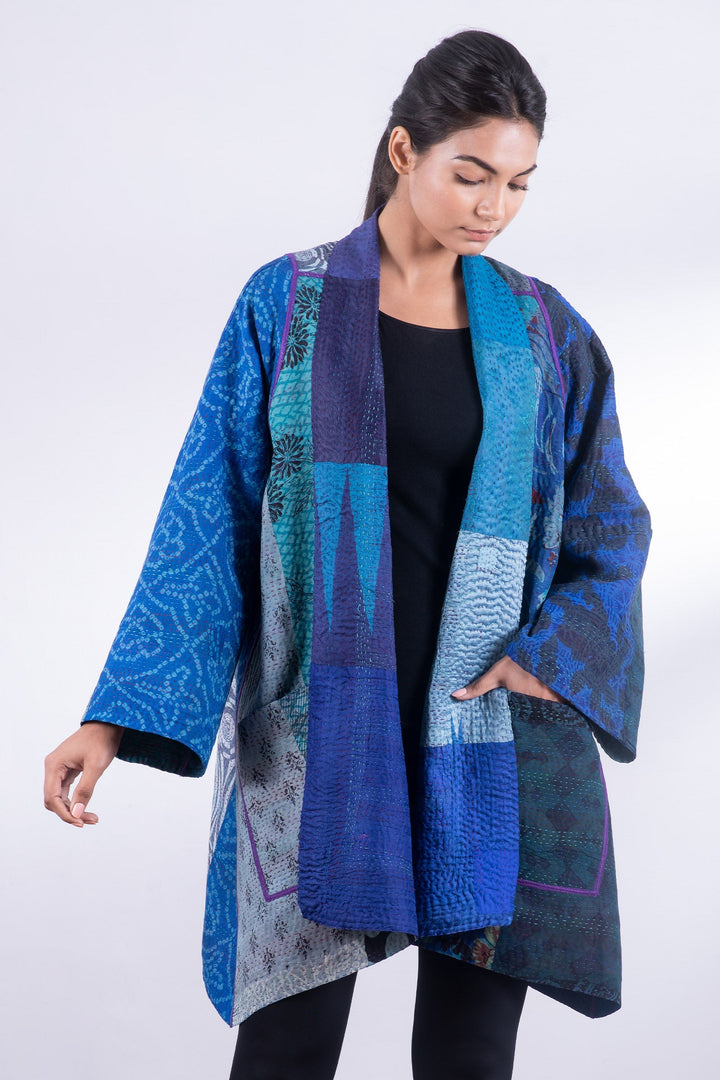 JACQUARD SILK KANTHA A-LINE JKT - js4003-blu -