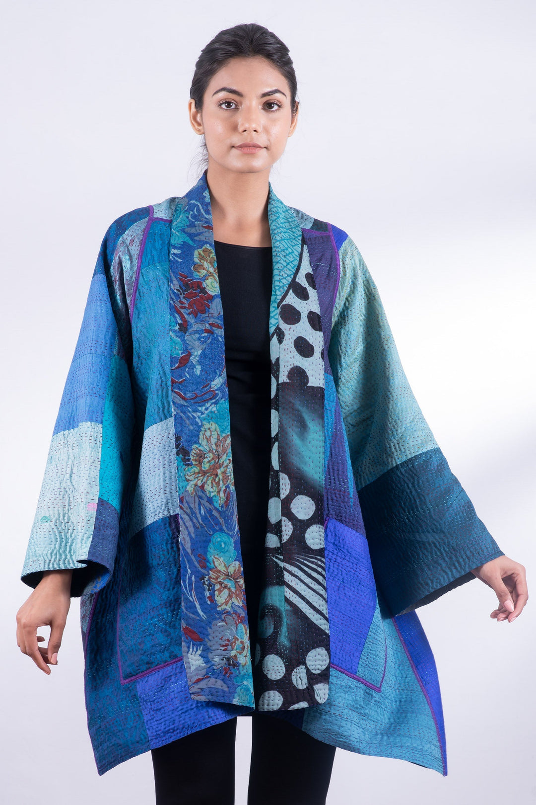 JACQUARD SILK KANTHA A-LINE JKT - js4003-blu -