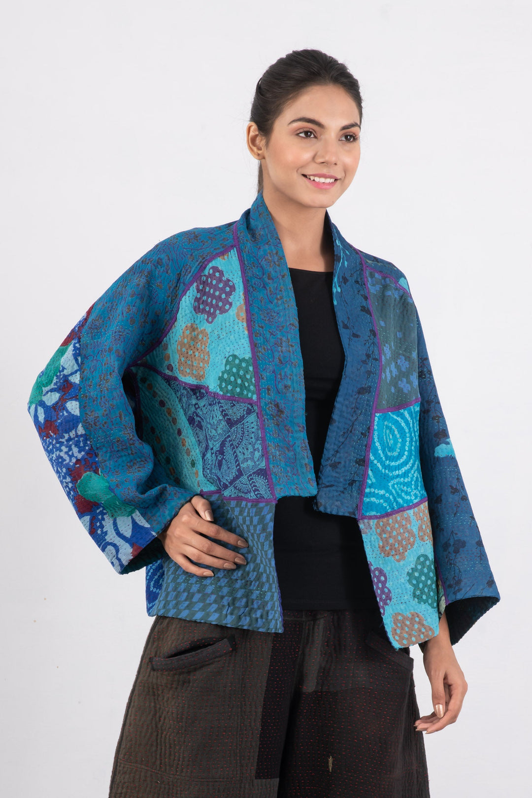JACQUARD SILK KANTHA DOLMAN SHORT JACKET - js4015-blu -