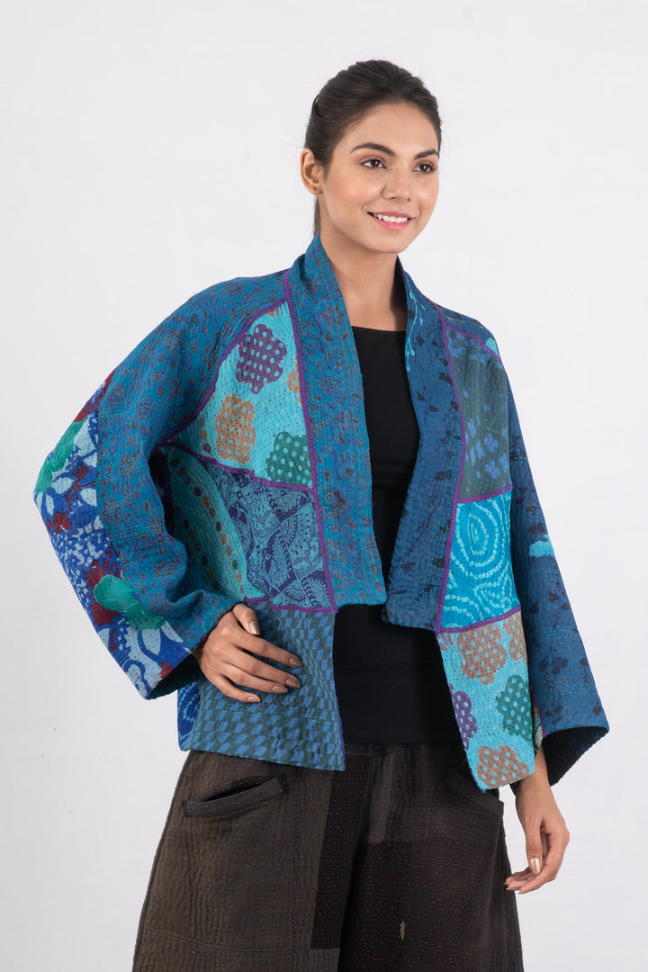 JACQUARD SILK KANTHA DOLMAN SHORT JACKET - js4015-blu -