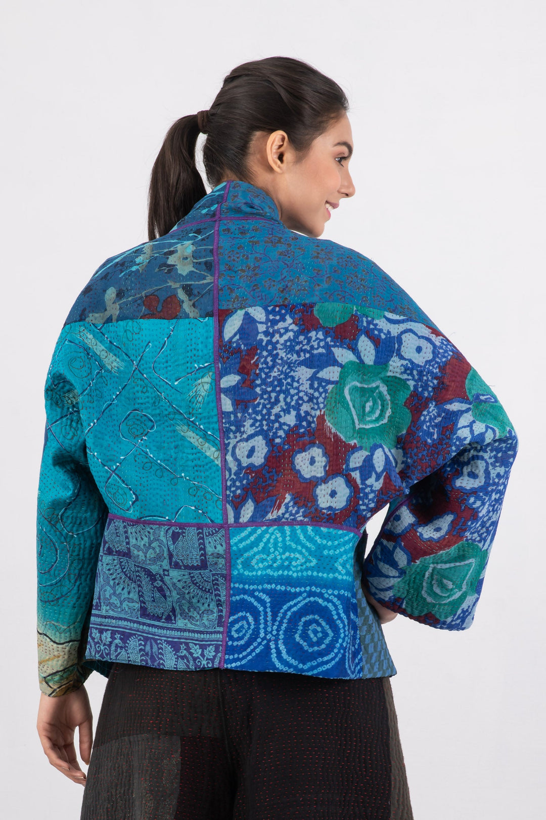 JACQUARD SILK KANTHA DOLMAN SHORT JACKET - js4015-blu -