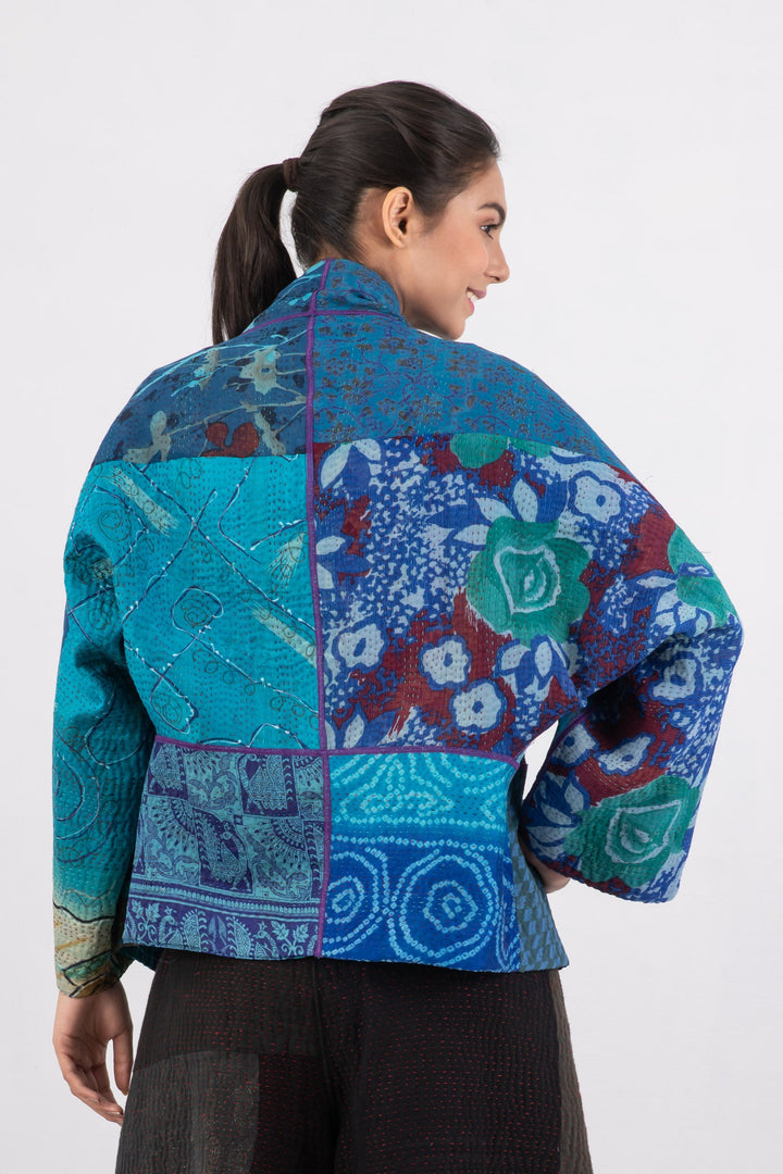 JACQUARD SILK KANTHA DOLMAN SHORT JACKET - js4015-blu -