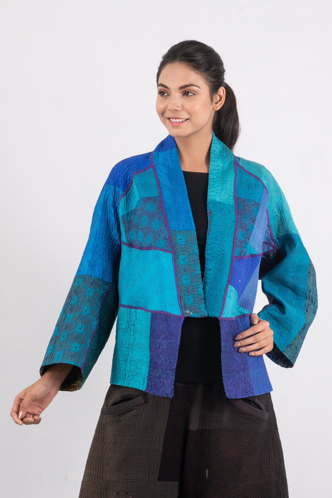 JACQUARD SILK KANTHA DOLMAN SHORT JACKET - js4015-blu -